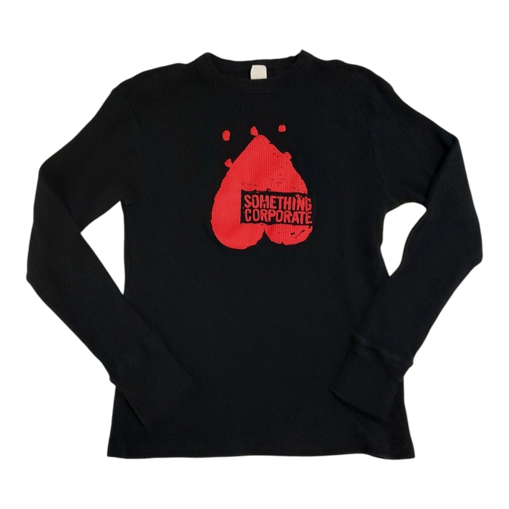 Y2K Something Corporate Black Waffle Knit Long Sleeve Tee Red Logo Medium